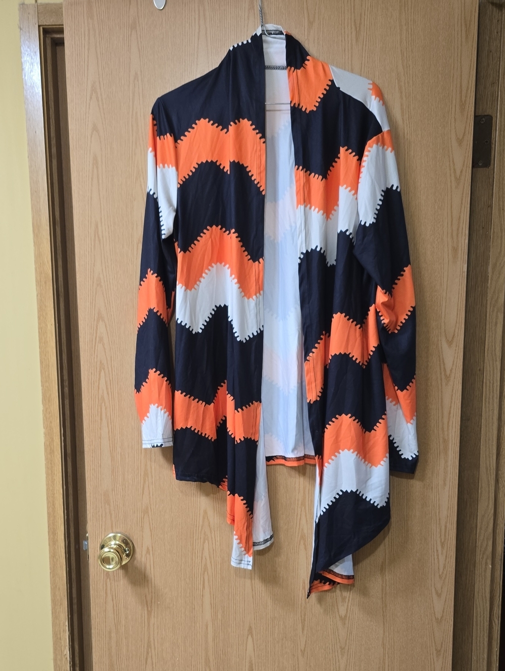 Womens Open-Front Chevron Cardigan Jacket - Navy, Orange & White